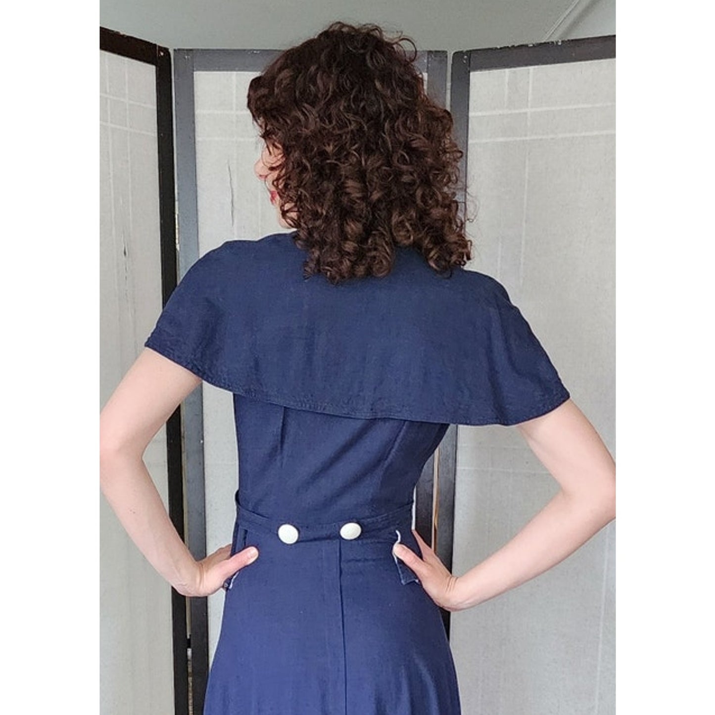 Vintage 40s Navy Blue Summer Dress White Buttons Shawl Collar