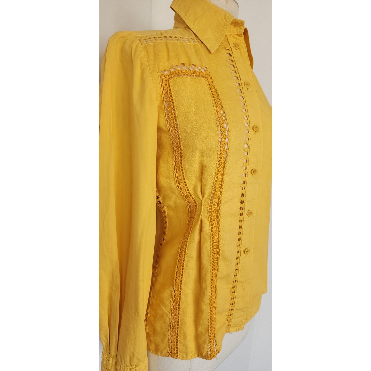 Vintage Yellow Shirt Button Down by Philosophy Alberta Ferretti w/ Crochet Trim Small