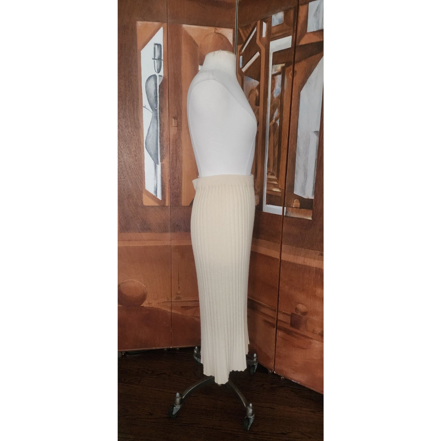 Vintage 1990s Zoran Set Cashmere Silk Knit Cardigan Maxi Skirt Shell Cream 3 Pc