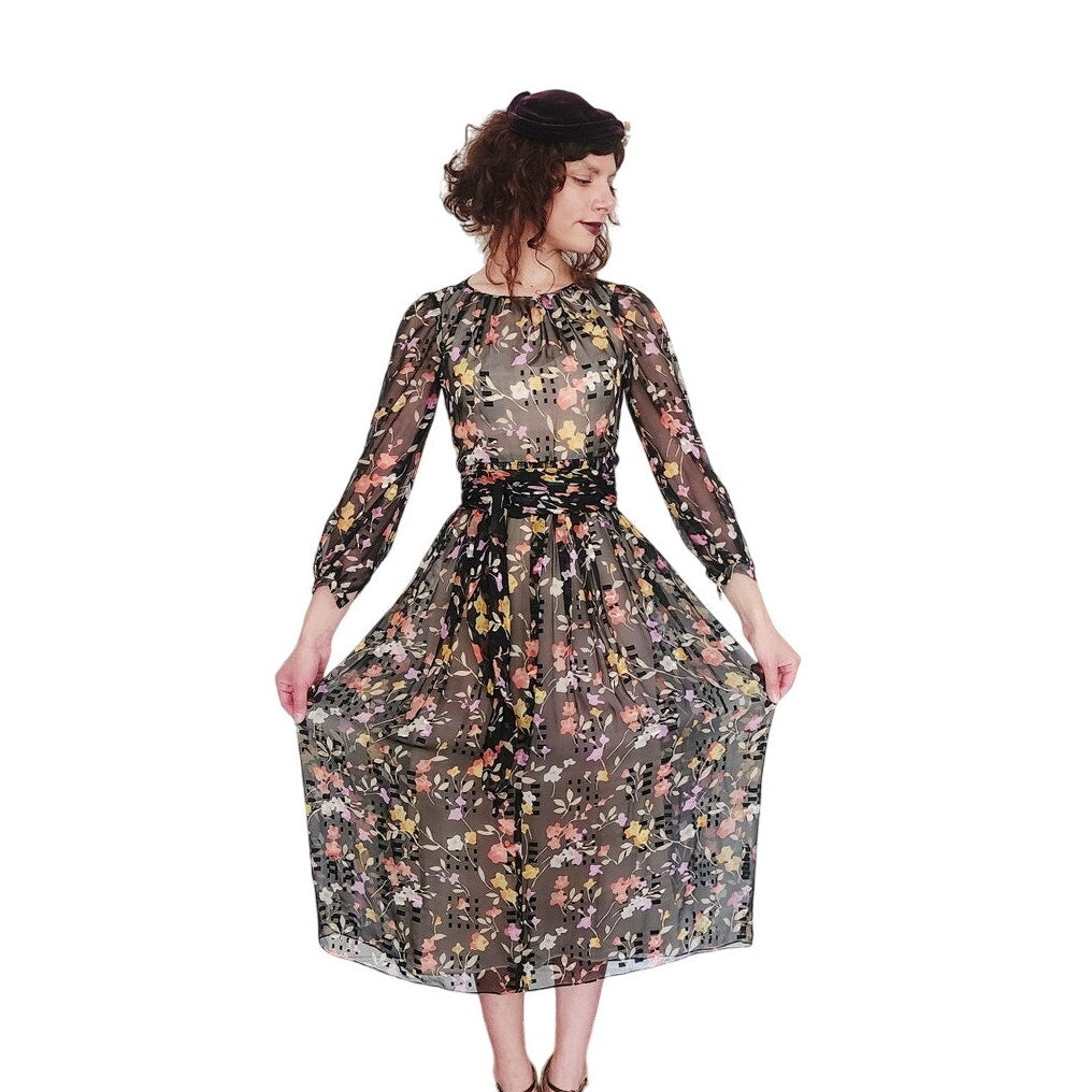 Vintage 1970s Dark Floral Print Dress Gauzy Maxi Sash Tie Belt
