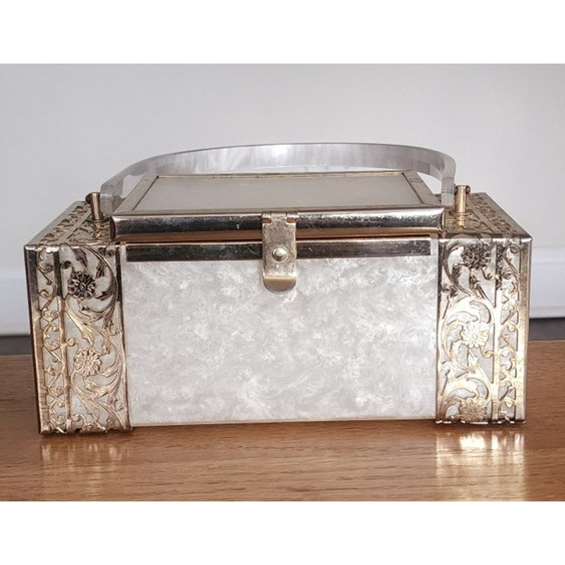 Vintage 1950s TYROLEAN NY Lucite Box Bag Pearl White Silver Filigree Art Deco
