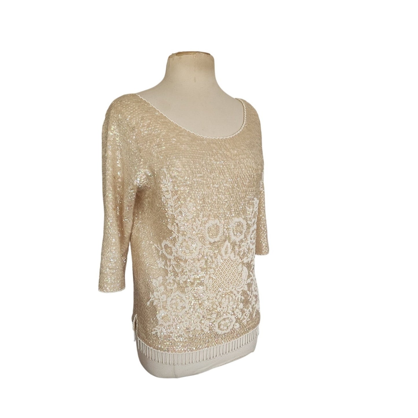 Vintage 60s Beaded Sequined Top Cream Wool Long Sleeved Regalia Imports Hong Kong