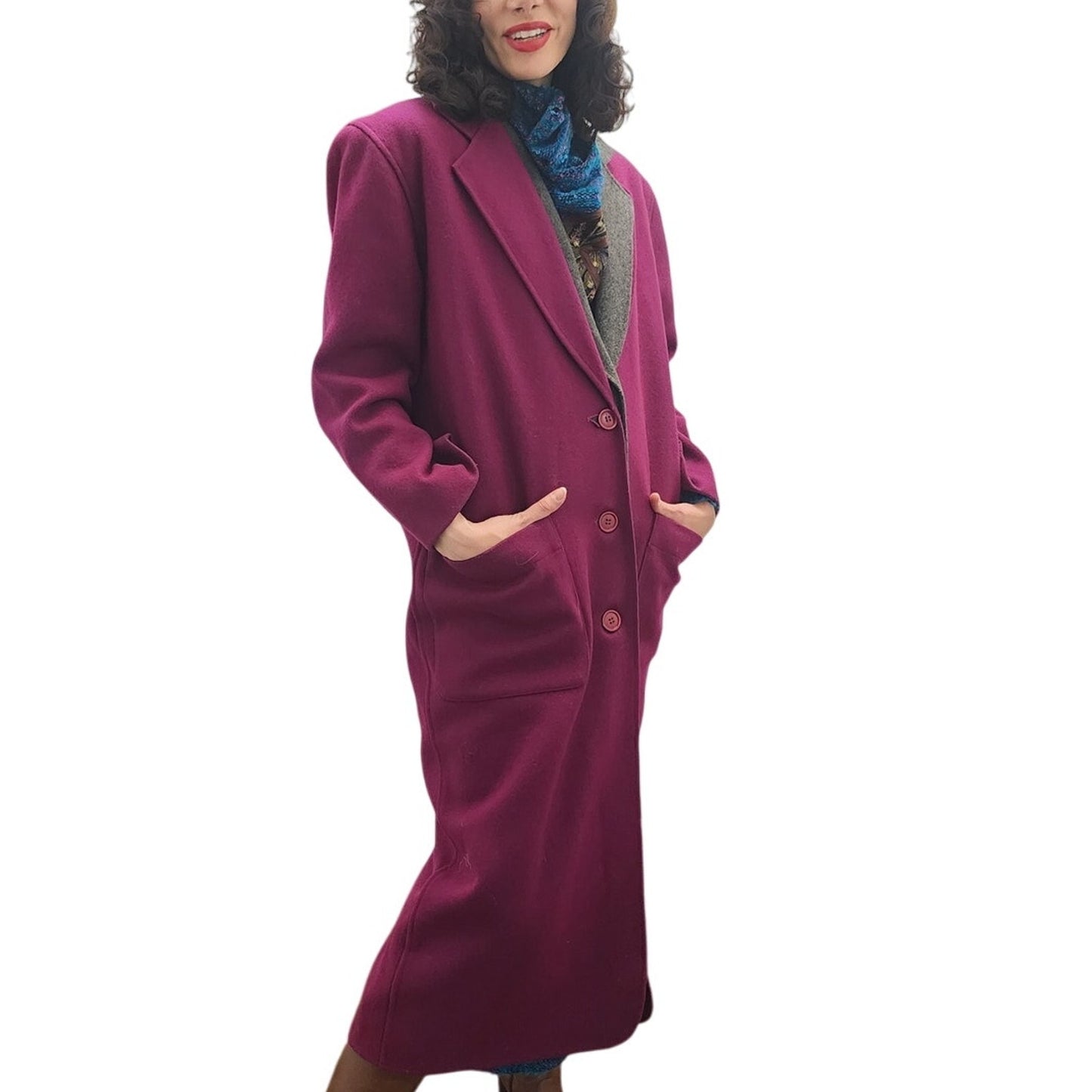 Vintage 80s Purple Wool Coat Perry Ellis Portfolio w/Removable Gray Liner Vest Duster