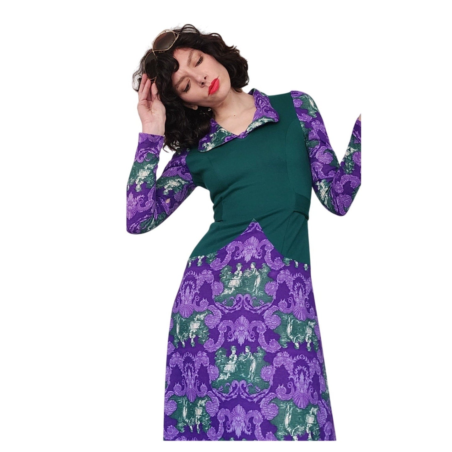 Vintage 70s Maxi Dress Purple & Green French Toile Print Baroque Rococo