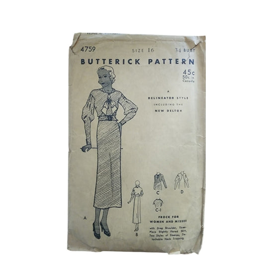 Butterick Sewing Pattern 4759 Womens Frock Dress UNCUT Vintage 30s Delineator