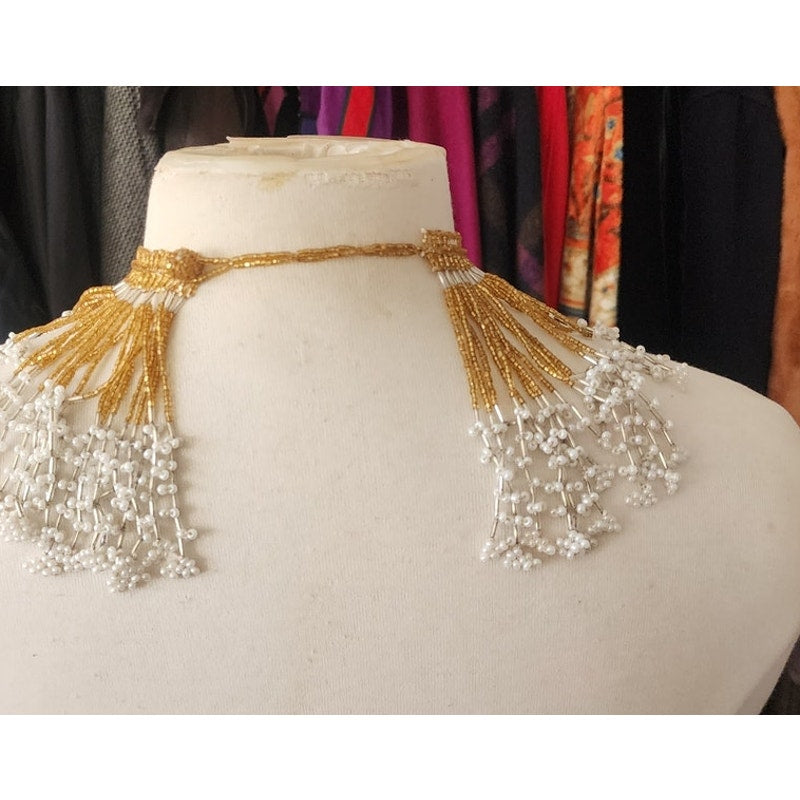 Vintage Bib Necklace Boho Fringed Collar Gold Glass Faux Pearl Beads