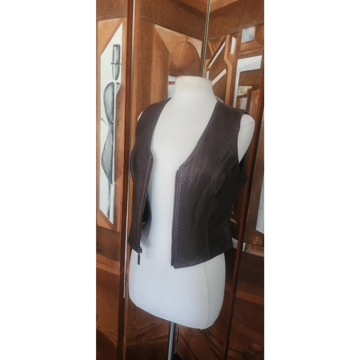 Vintage 1990s Brown Leather Vest Zip Front Karen Kane Vest Fitted Leather Minimalist