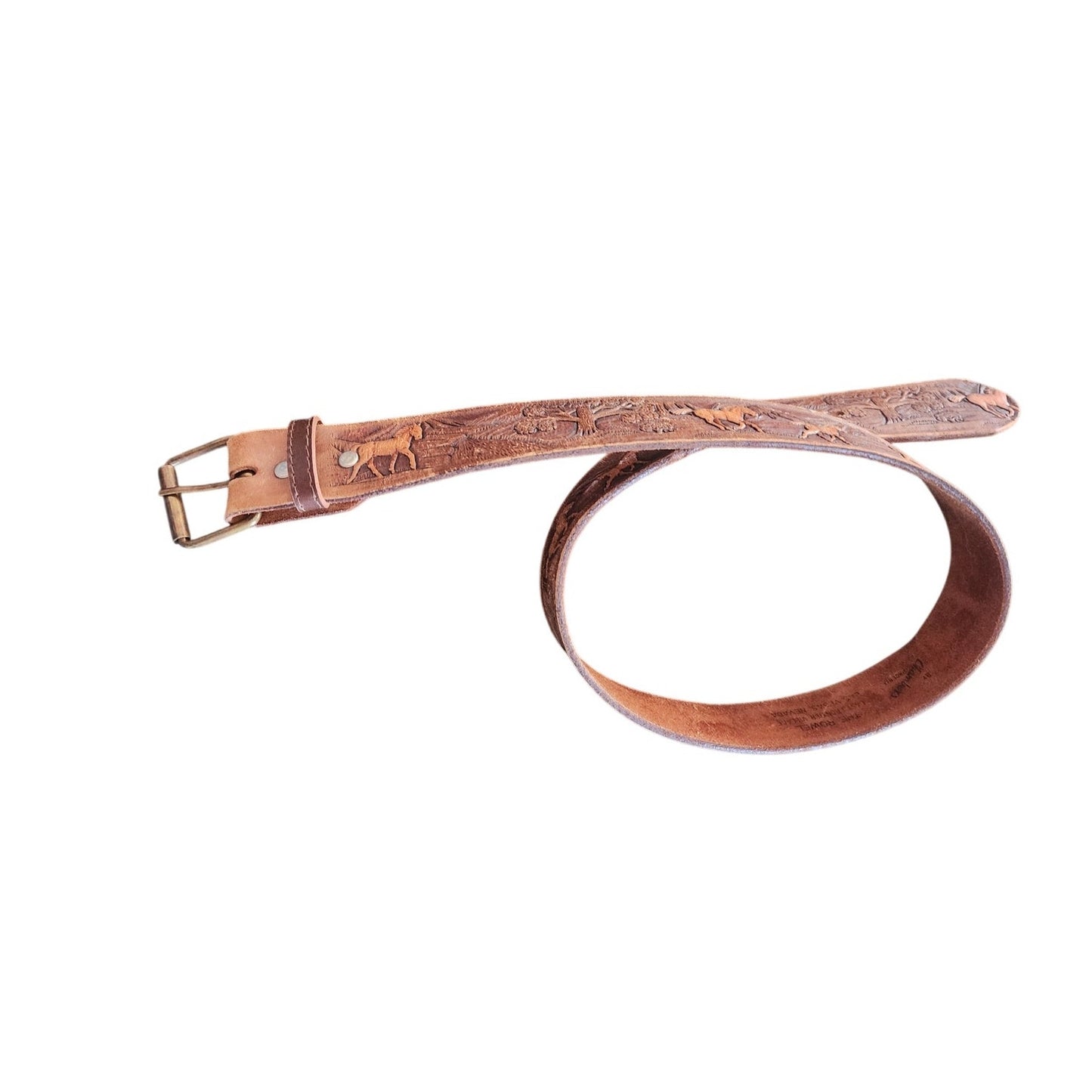 Vintage 1970s The Rowel Brown Belt Tooled Leather Horses Trees Cowboy Western