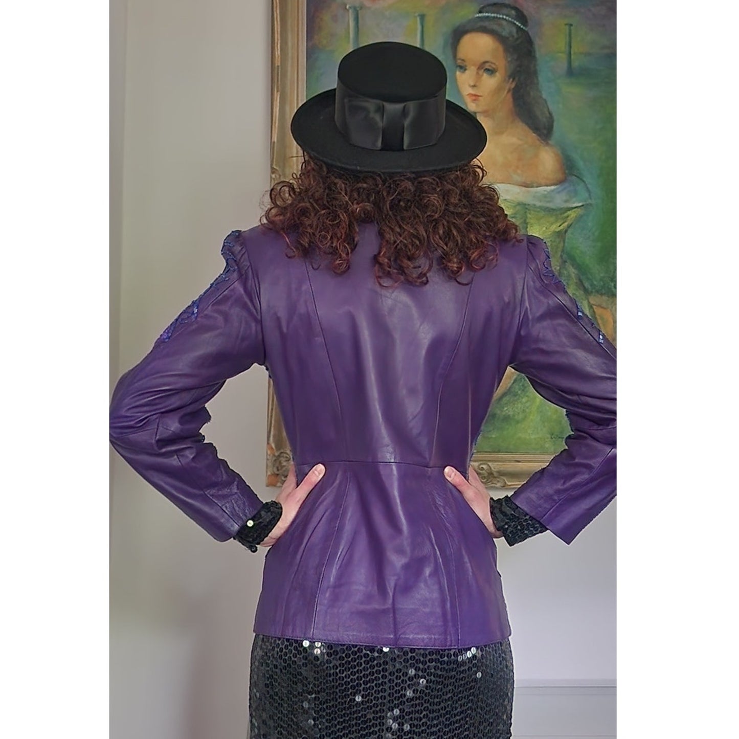 Vintage 80s Purple Leather Blazer Beaded Sequined Jacket French Collizioni / M