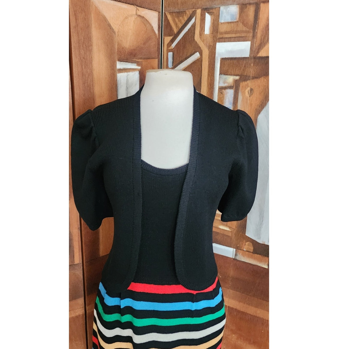 Vintage 1970s St John Dress Knit Rainbow Stripe Black Midi + Bolero Jacket