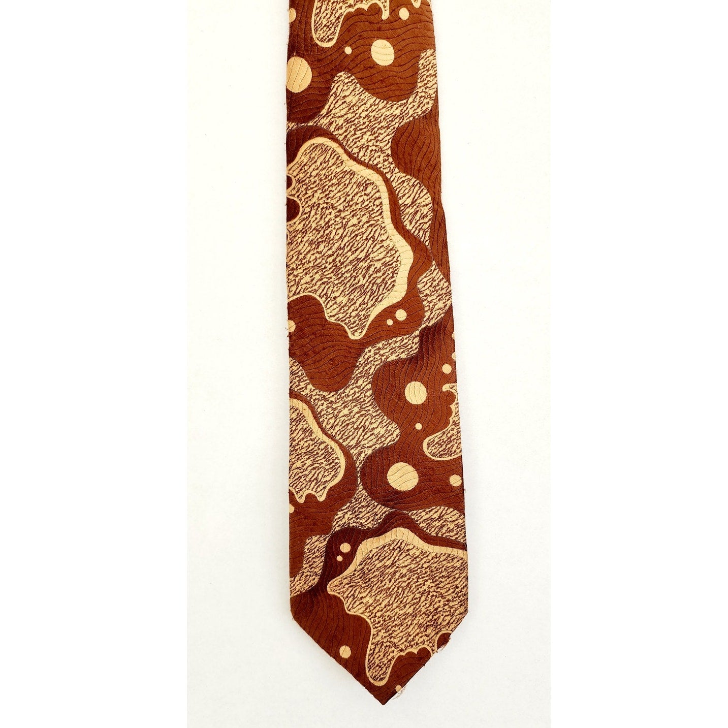 Vintage 60s Mens Necktie Psychedelic Brown Beige Print Abstract Plasma