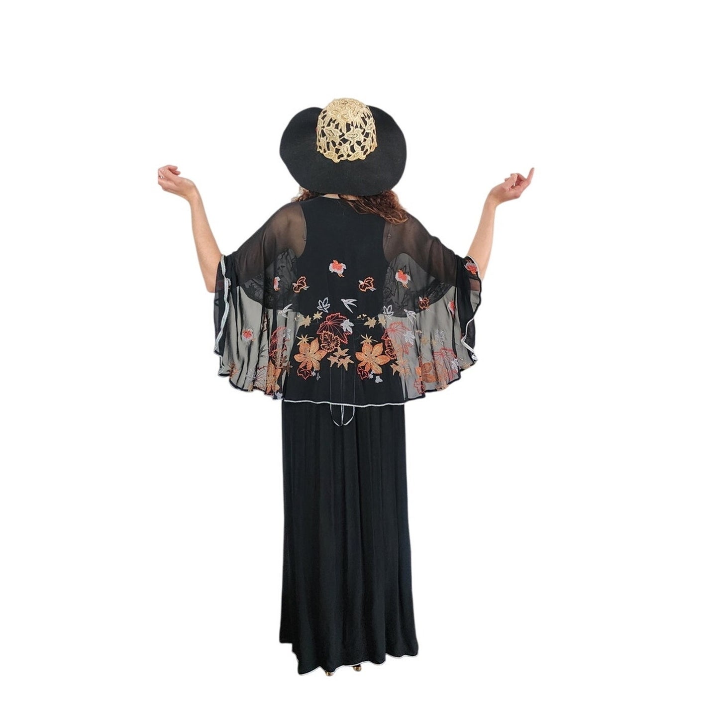 Vintage 1970s Janice Wainwright Maxi Dress Embroidered Butterfly Sleeves Capelet