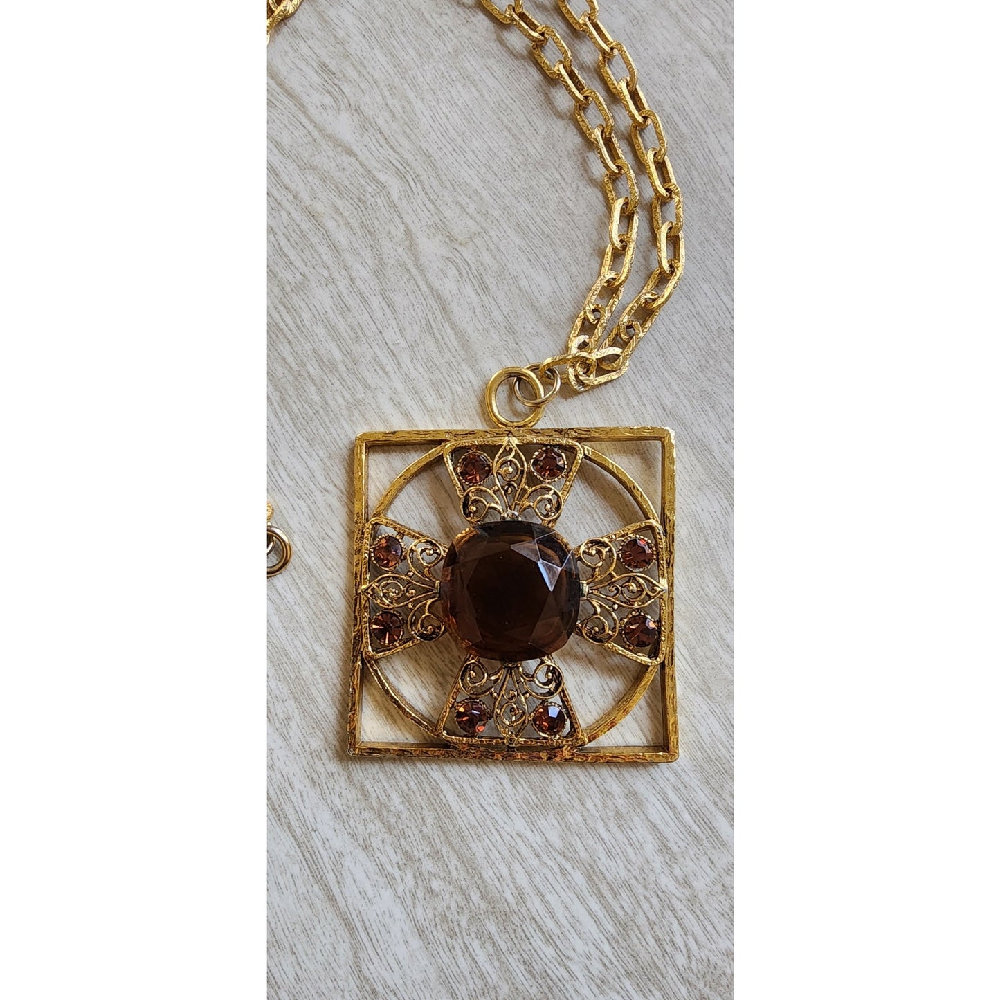 Vintage 60s Baroque Pendant Necklace Maltese Cross Gold Amber Brown Glass