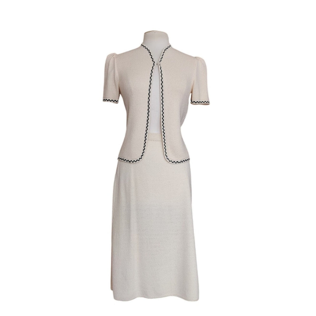 Vintage 1980s St. John Suit Jacket Cardigan Sweater + Skirt Set Cream Knit Marshall Fields