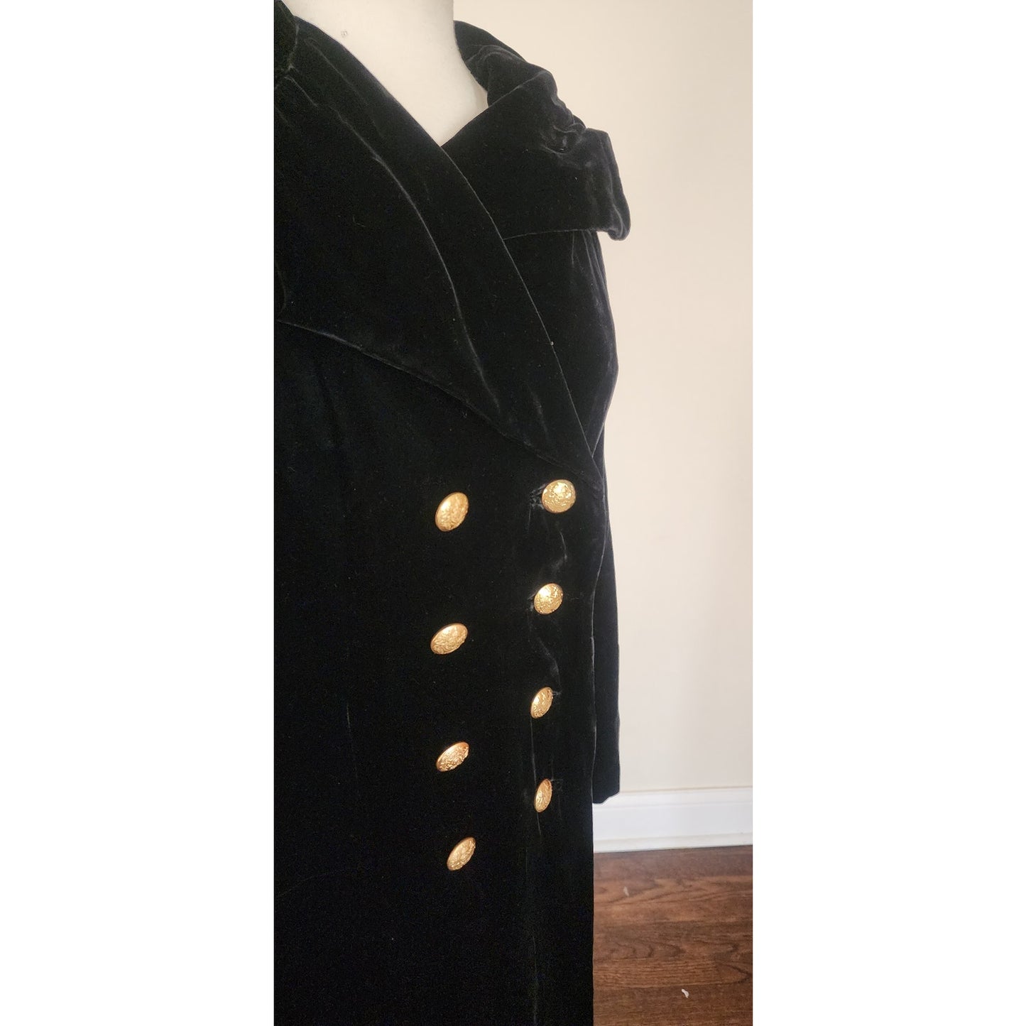 Vintage Black Velvet Opera Coat Double Breasted Gold Buttons