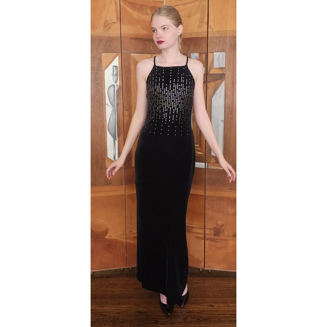 VTG 90s Y2K Aspeed Dress Black Velvet Rhinestone Studs Halter Maxi Gown Prom M