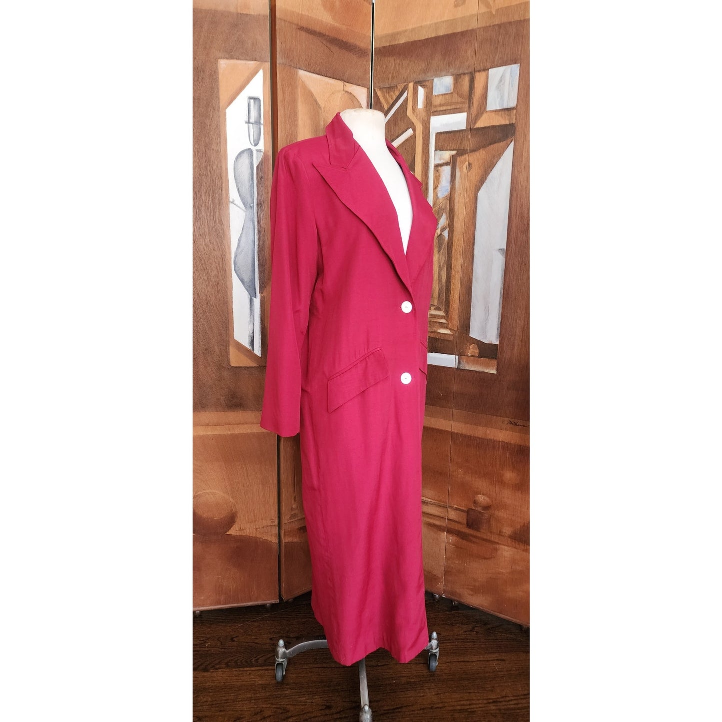 Vintage 90s Burgundy Red Spring Coat Rayon with White Buttons / M