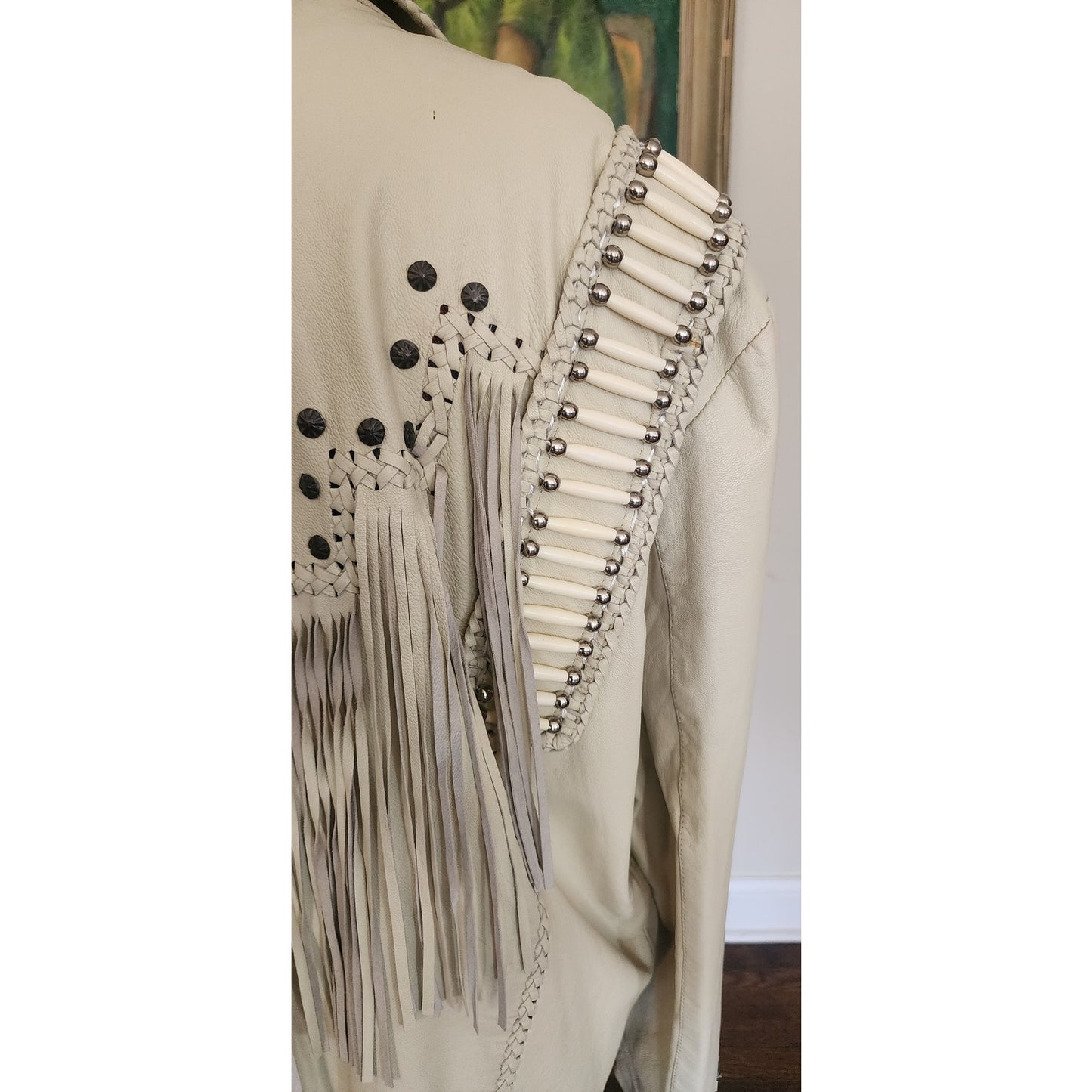 Vintage 1980s White Leather Jacket SUNRIDERS Fringe, Studs & Bone Beads XXL