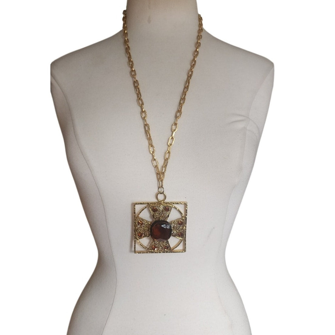 Vintage 1960s Maltese Cross Necklace Baroque Pendant Purple Brown Gold Maximalist Boho
