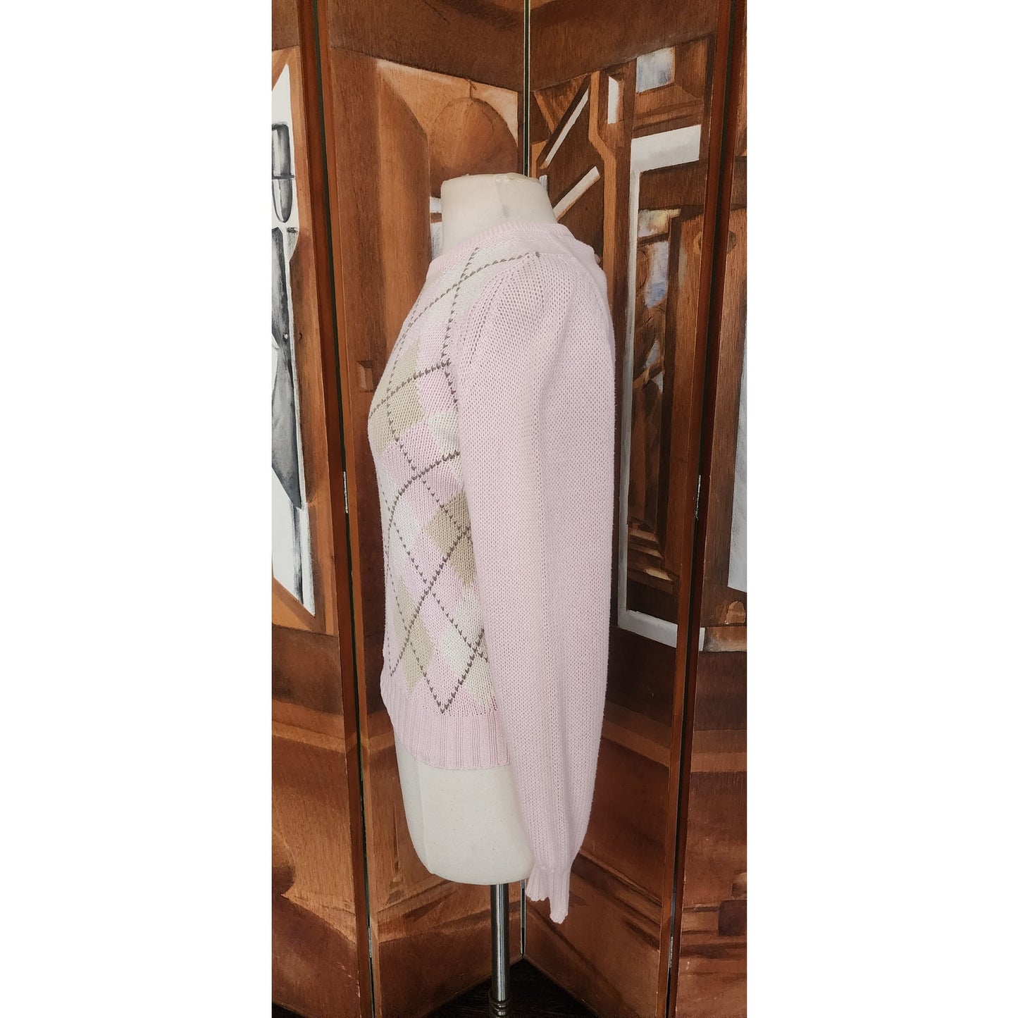 Vintage 1980s Burberrys Sweater Pink Argyle Plaid Preppy Made in Scotland