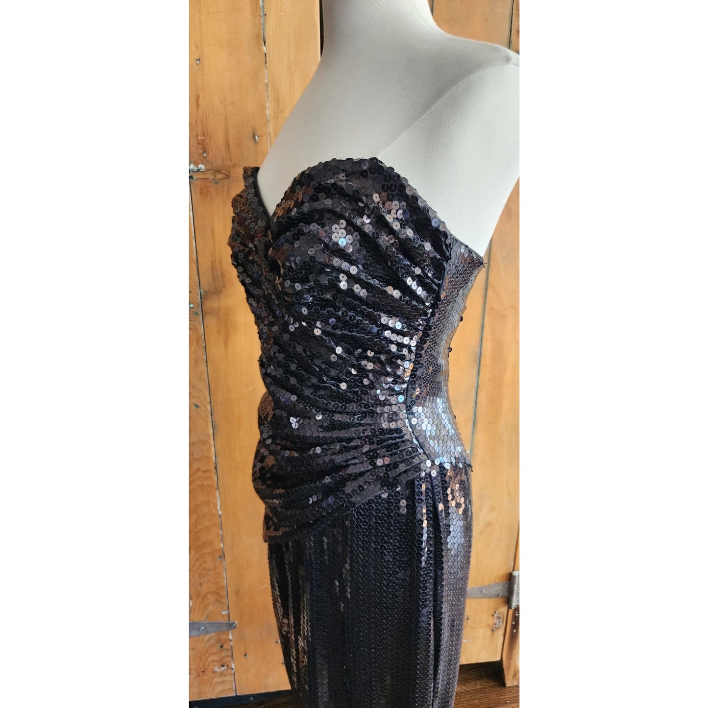 Vintage 80s Tadashi Strapless Dress Black Sequins Ruched Waist