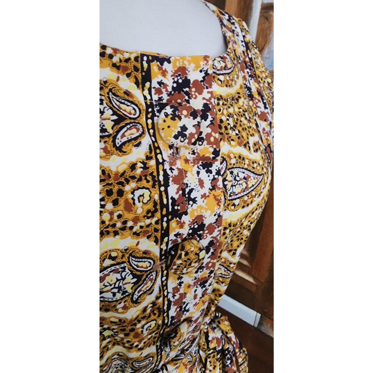 Vintage 1950s Day Dress Yellow Cotton Print Paisley Shirtdress Short Sleeve / M