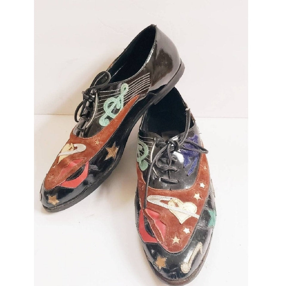 Vintage 90s Lace Up Shoes w/Graphic Patchwork Music Notes Guitar Hearts Stars Lips Abstrax