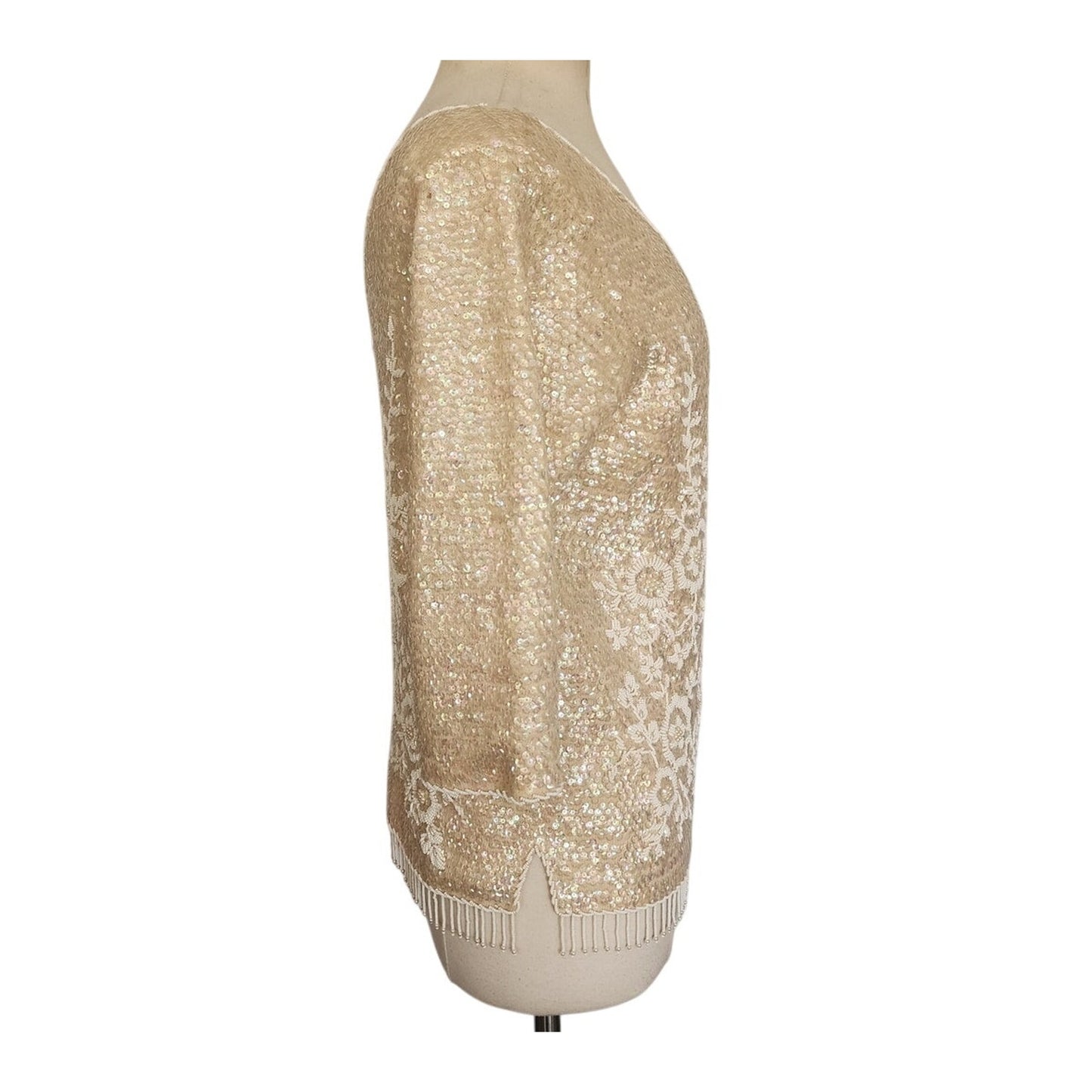 Vintage 60s Beaded Sequined Top Cream Wool Long Sleeved Regalia Imports Hong Kong