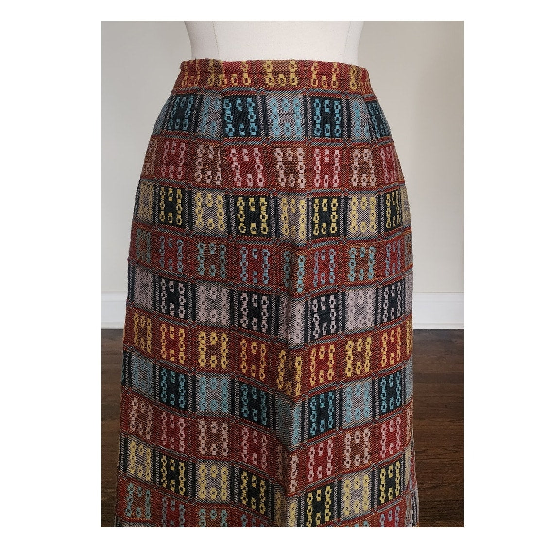 Vintage Folk Costume Apron Skirt Tapestry Weave Style Red Blue Patchwork