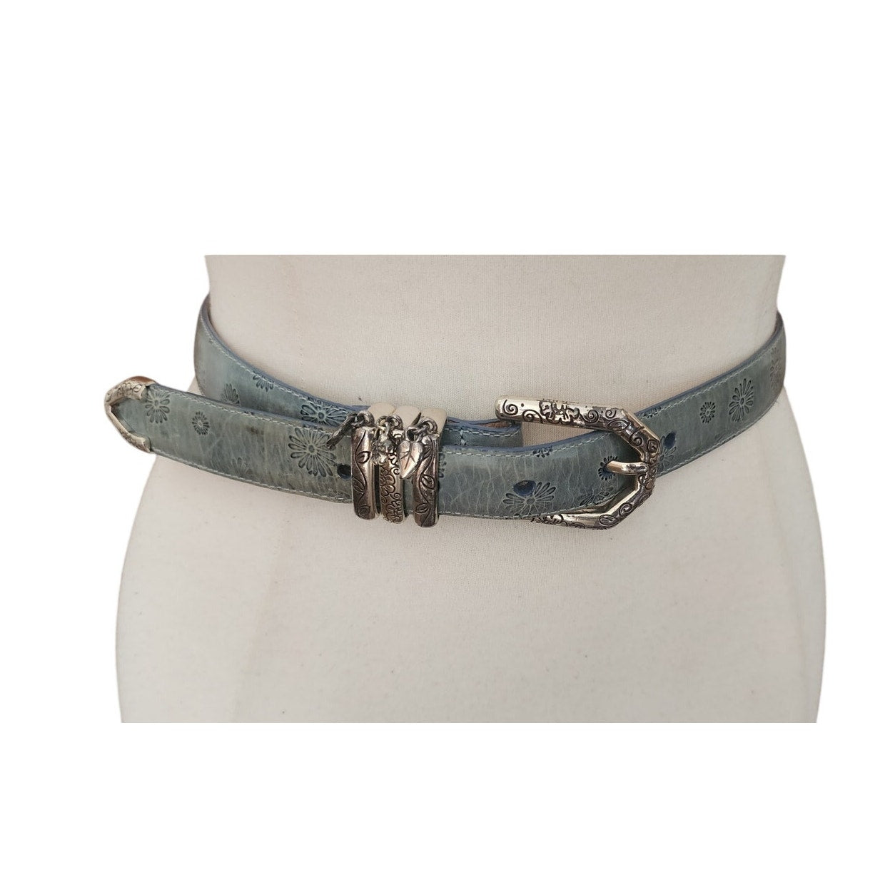 Vintage 1990s Brighton Belt Baby Blue Tooled Leather Silver Charms Waist 28