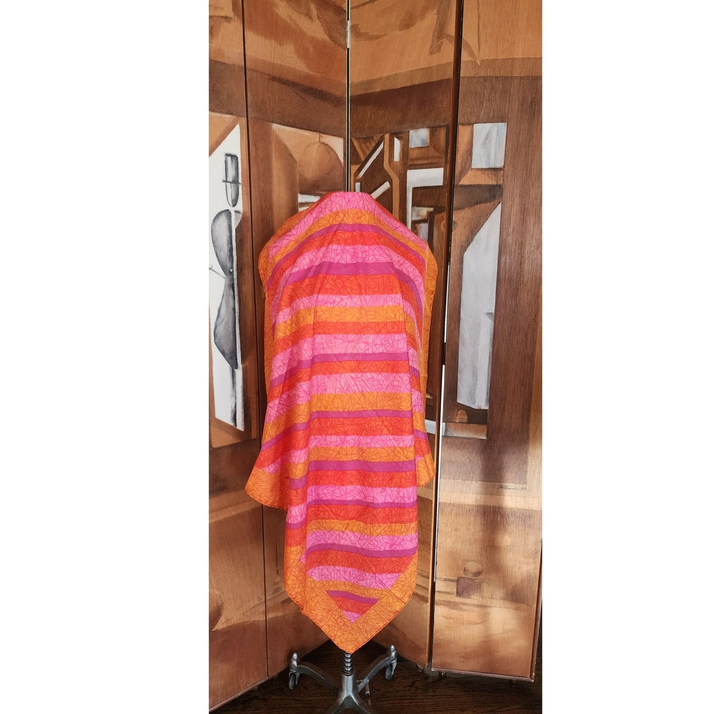 Vintage 70s Liberty of London Silk Scarf Large Orange Pink Diagonal Stripe
