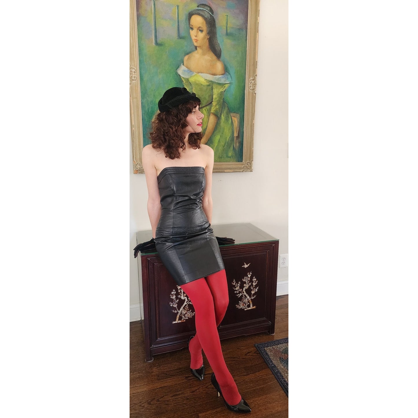 Vintage 90s Black Leather Strapless Dress Bodycon August Silk / S