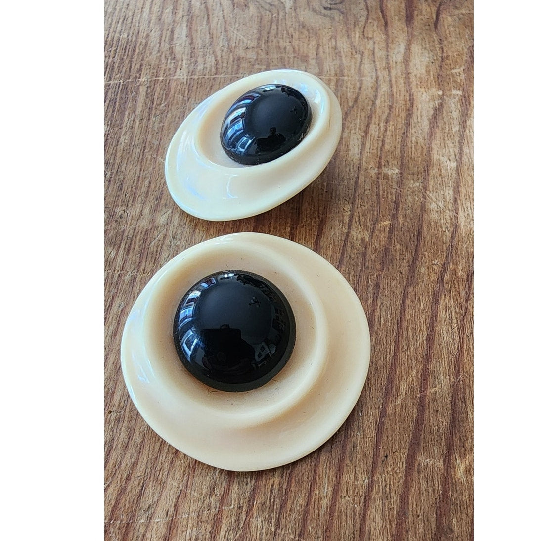Vintage 60s Mod Button Earrings Cream Black Oversized Geometric Discs