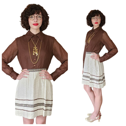 Vintage 60s Day Dress Brown Cream Long Sleeved