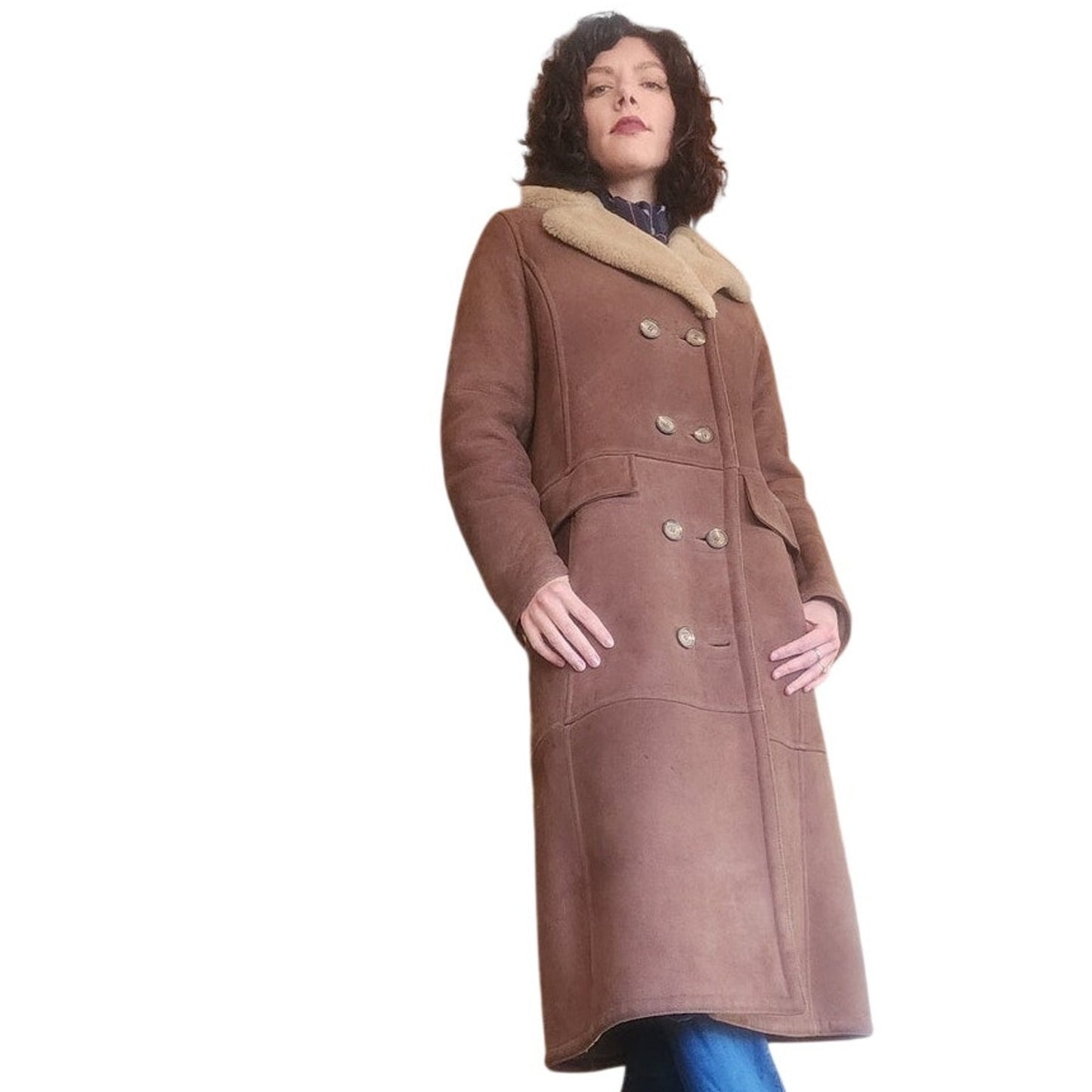 Vintage 1970s Shearling Coat Brown Suede Long Parka Double Breasted