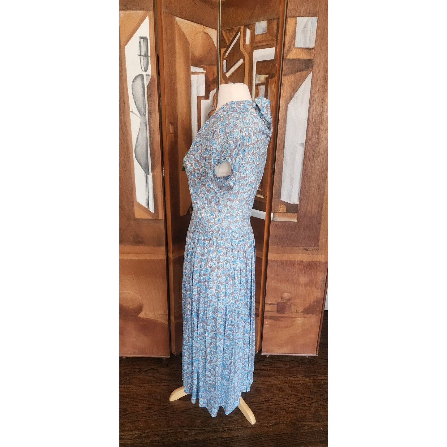 Vintage 1950s Blue Floral Rayon Midi Dress Fit and Flare Short Sleeve / S