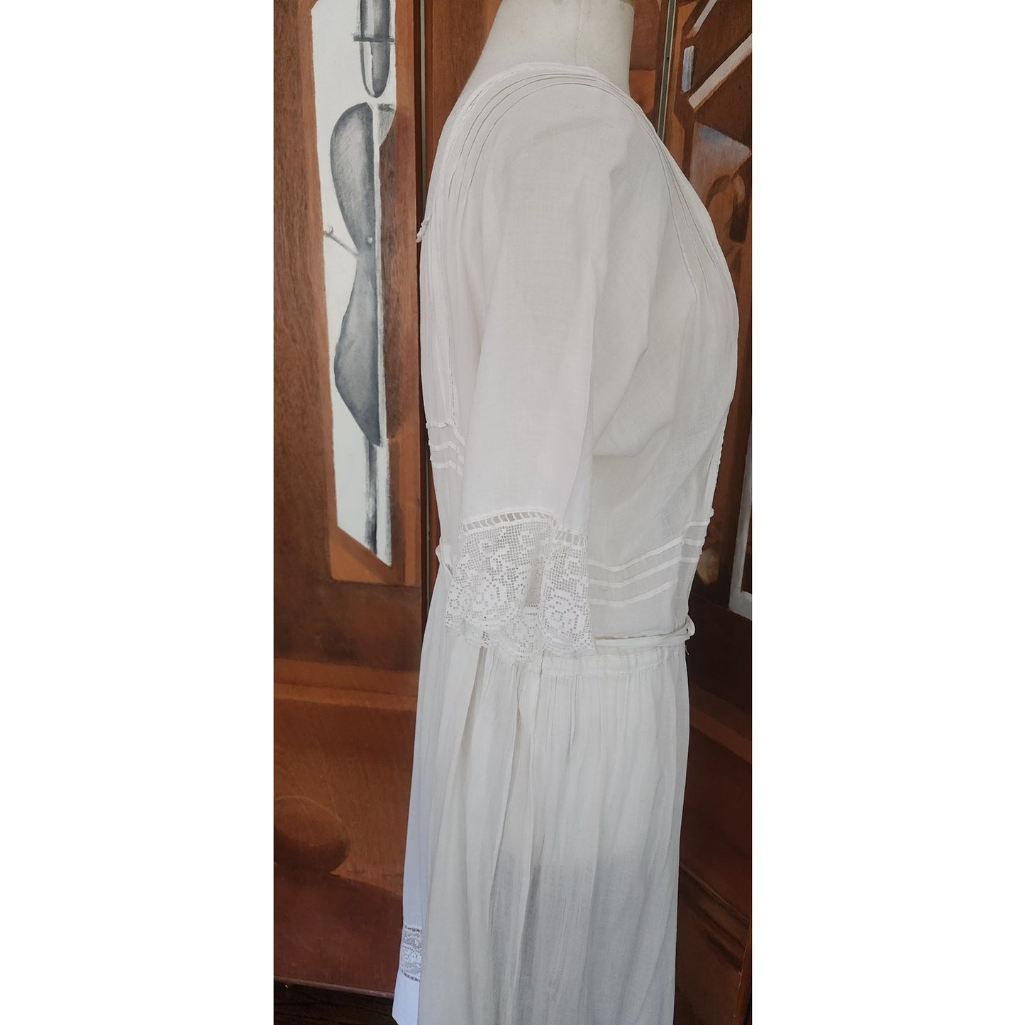 Antique 1910s White Lingerie Tea Dress Lawn Gown Crochet Lace Embroidery Drop Waist L