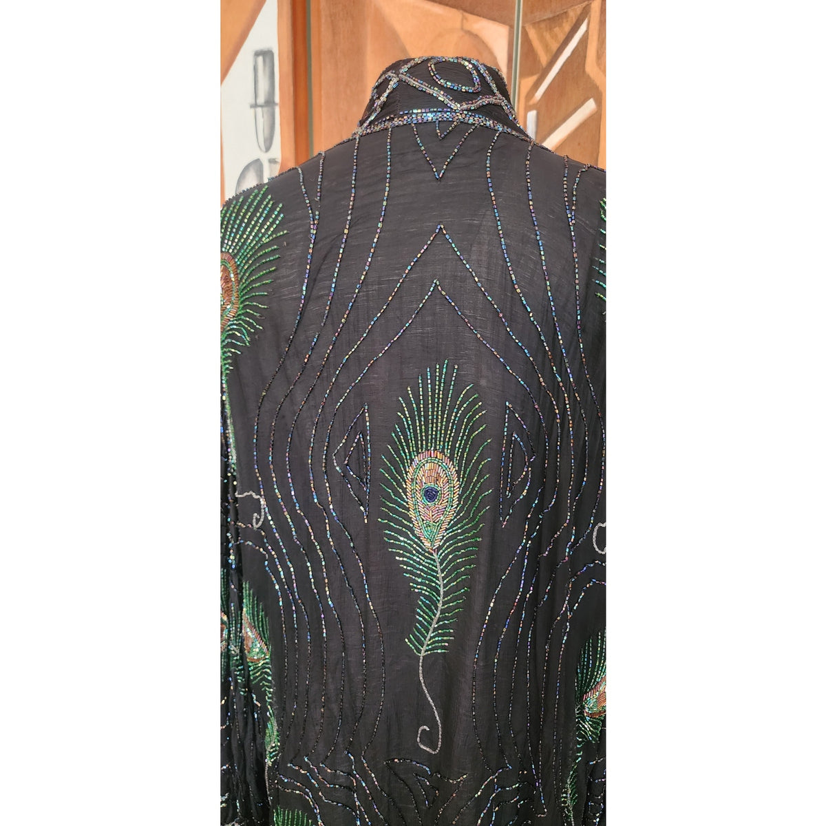 Vintage 1990s Evening Kimono Jacket Shimmering Peacock Feathers Beaded Black Duster Boho Chic Art Nouveau Deco