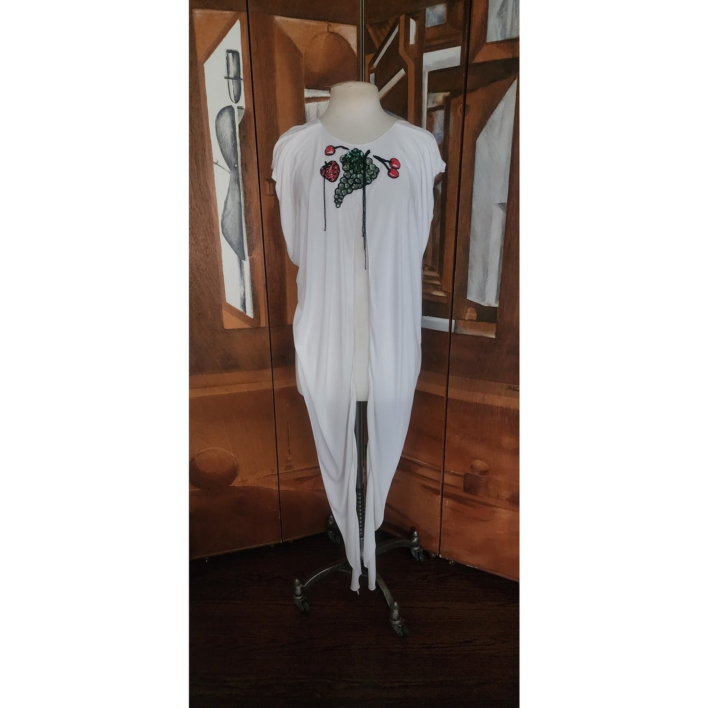 Vintage 1980s Holly Harp Top or Tunic Silk Jersey Embroidered Fruit Sequins Beaded Fringe