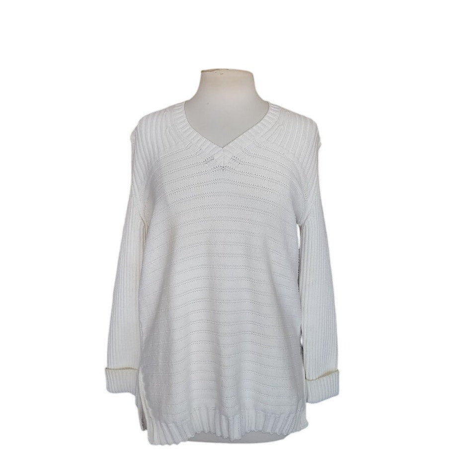 Vintage 1990s Sonia Rykiel Sweater White Knit V Neck Tunic Jumper Textured Stripe Oversized