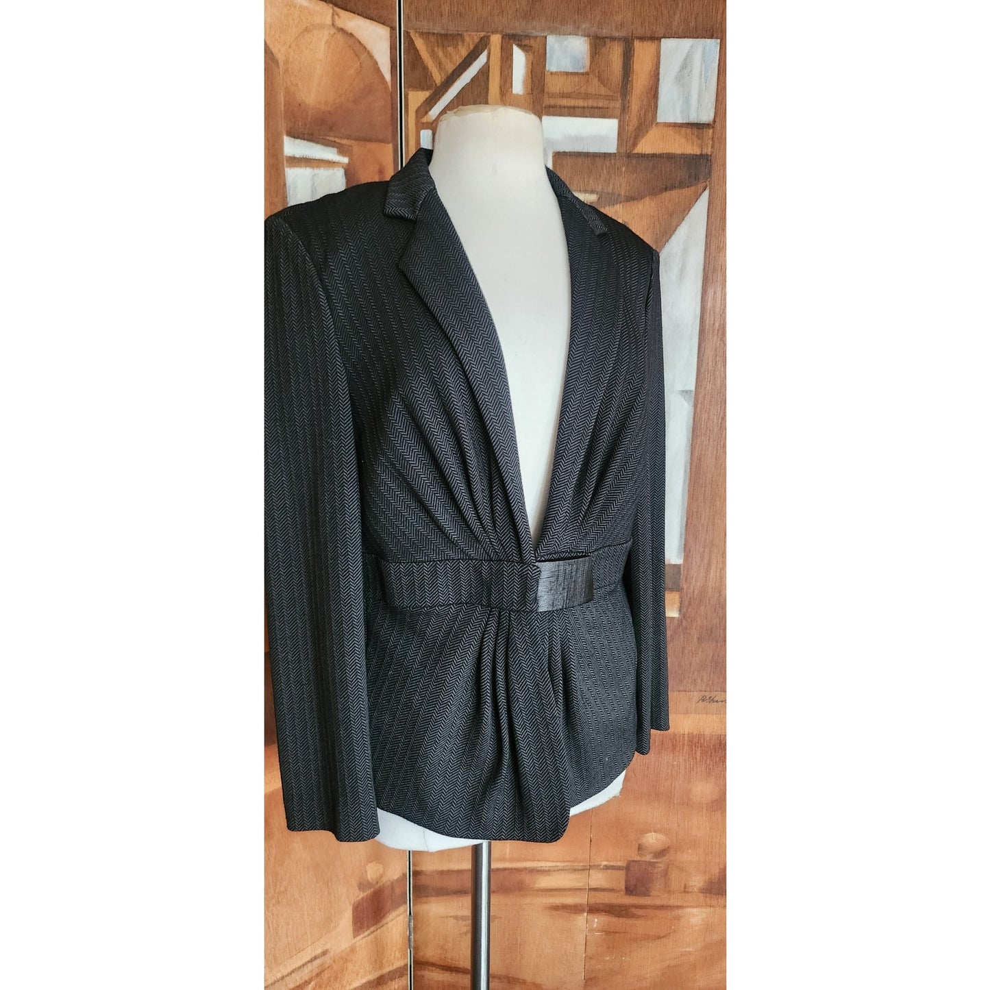 Vintage 2000s Armani Blazer Gray Herrinbone Wool Fitted Jacket Buckle Closure