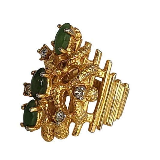 Vintage 60s Ring Gold Jade Stones Maximalist Electroplate Size 5.5