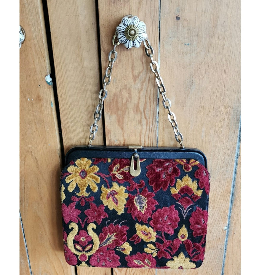 Vintage 60s Tapestry Weave Bag Burgundy Red Yellow Floral Brocade