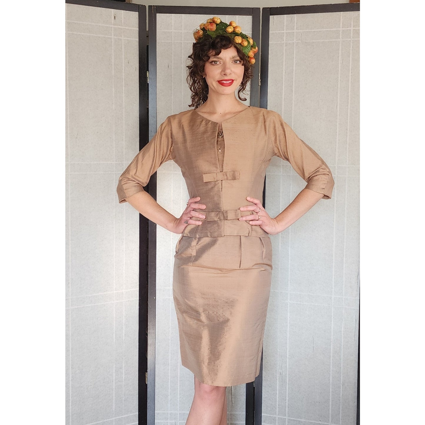 Vintage 50s Beige Silk Dress Suit w/Rhinestones