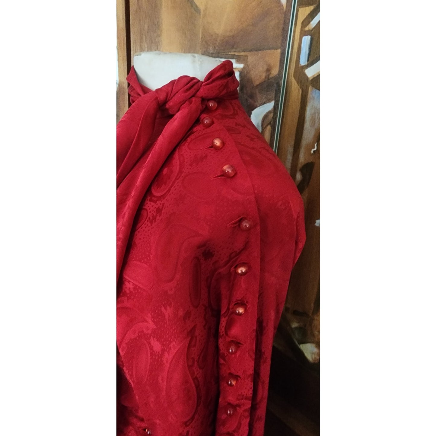 Vintage 1980s Emanuel Ungaro Dress Red Silk Paisley Print I Magnin Long Sleeve Scarf Sash Tie