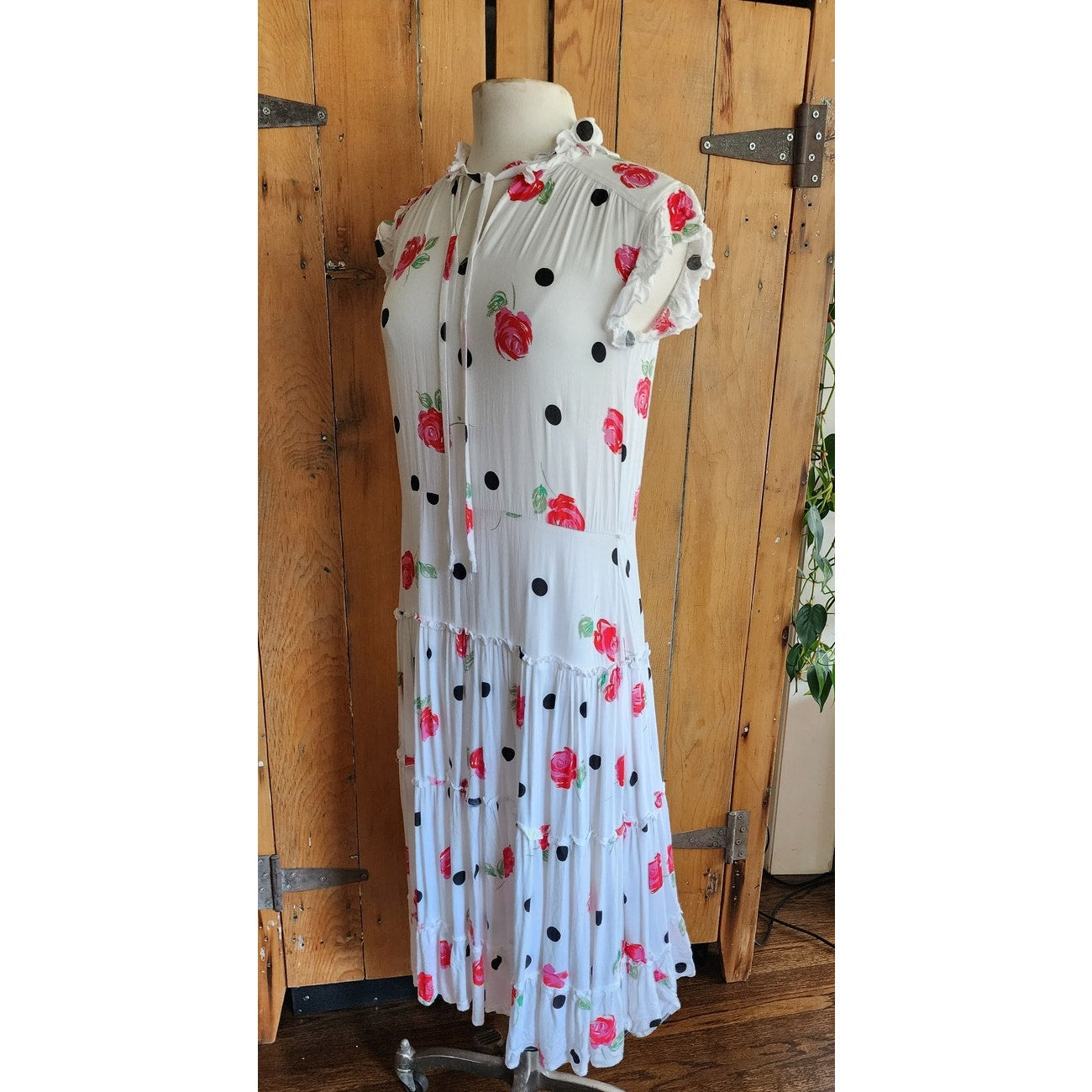 Vintage 80s Cotton Print Dress Polka Dots Red Roses