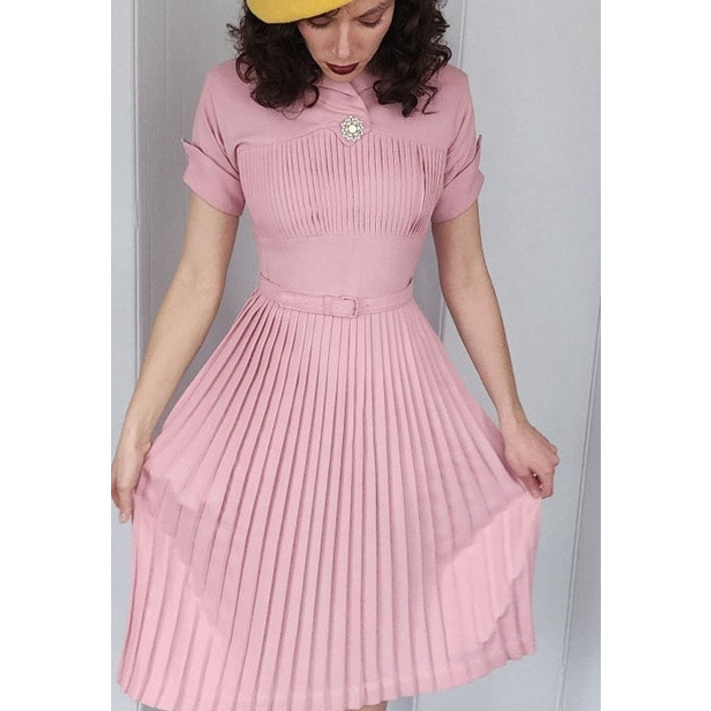 Vintage 40s Pink Dress Pleated Wool Belted w/Rhinestone Pin / S