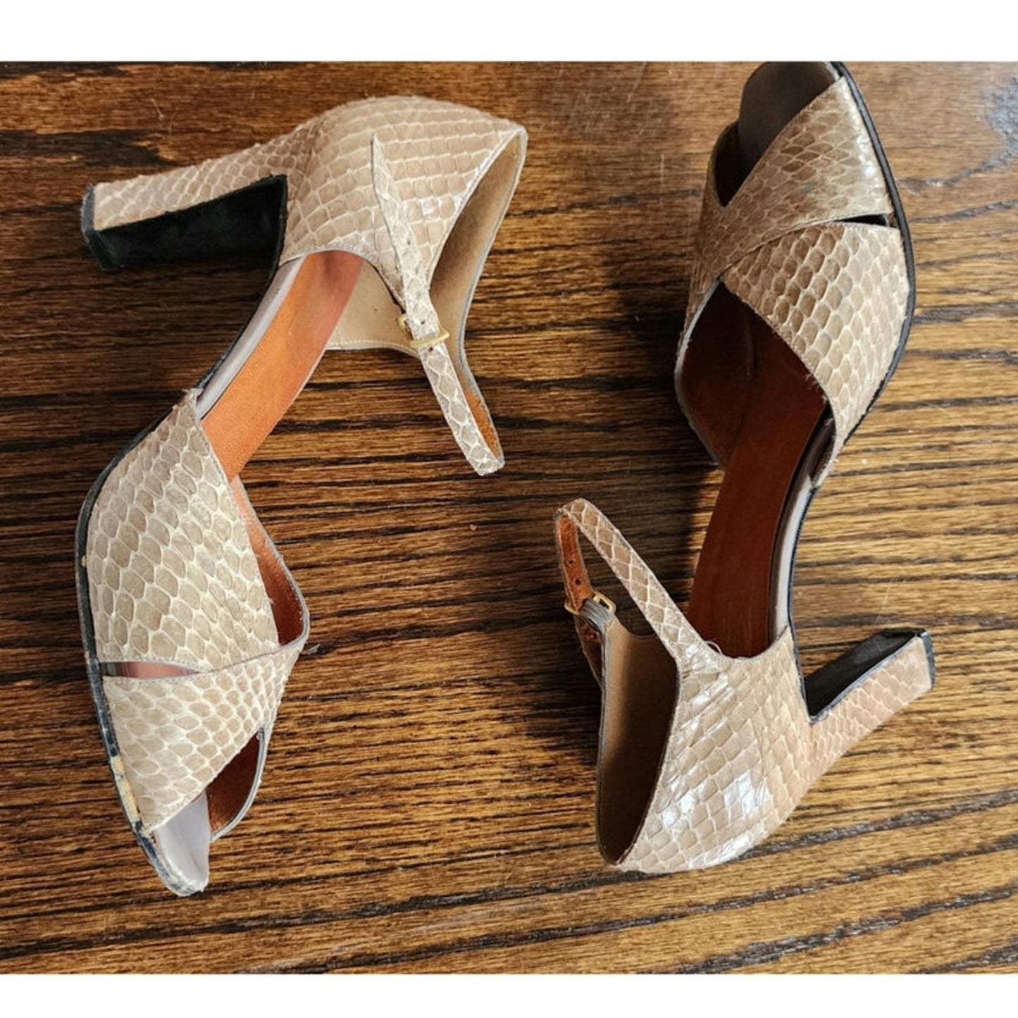 Vintage 70s Shoes Beige Mary Jane High Heel Sandals Snakeskin Joseph