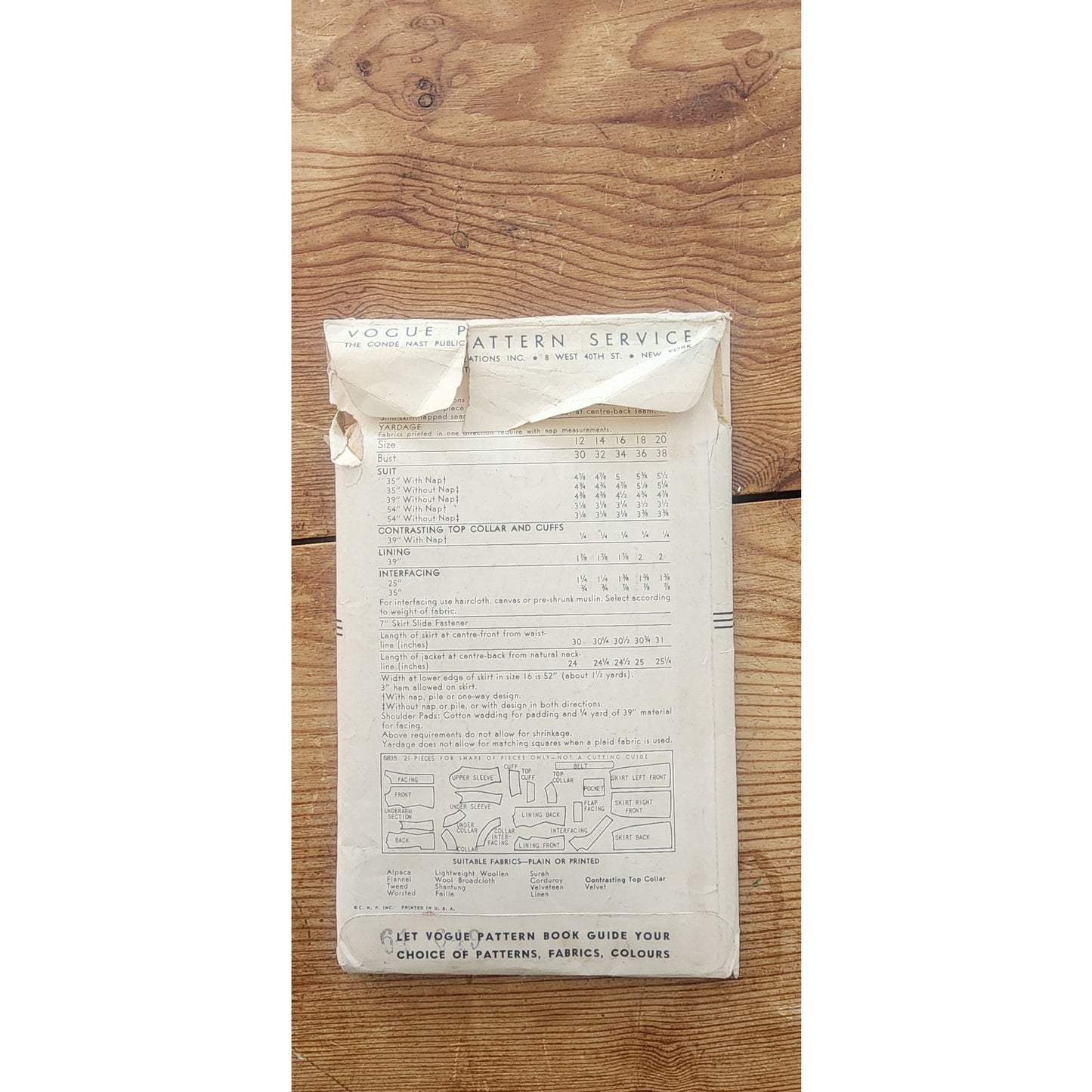 Vintage 40s ORIGINAL Sewing Pattern Skirt Suit Vogue Pattern 6835 34 Bust
