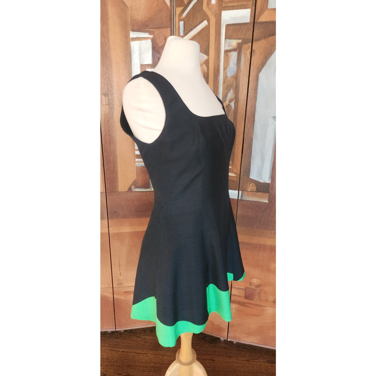 Vintage 1990s Designer Sleeveless Dress Raw Silk Black Green Victoria March Chicago